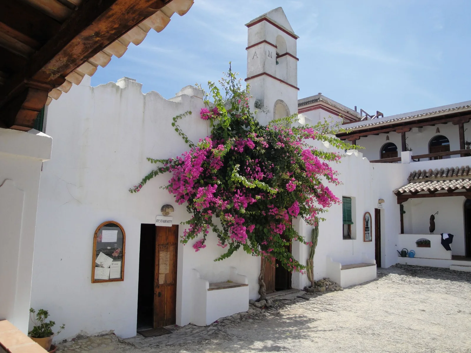Patio de entrada del hotel con buganvilla · El Palomar de la Breña