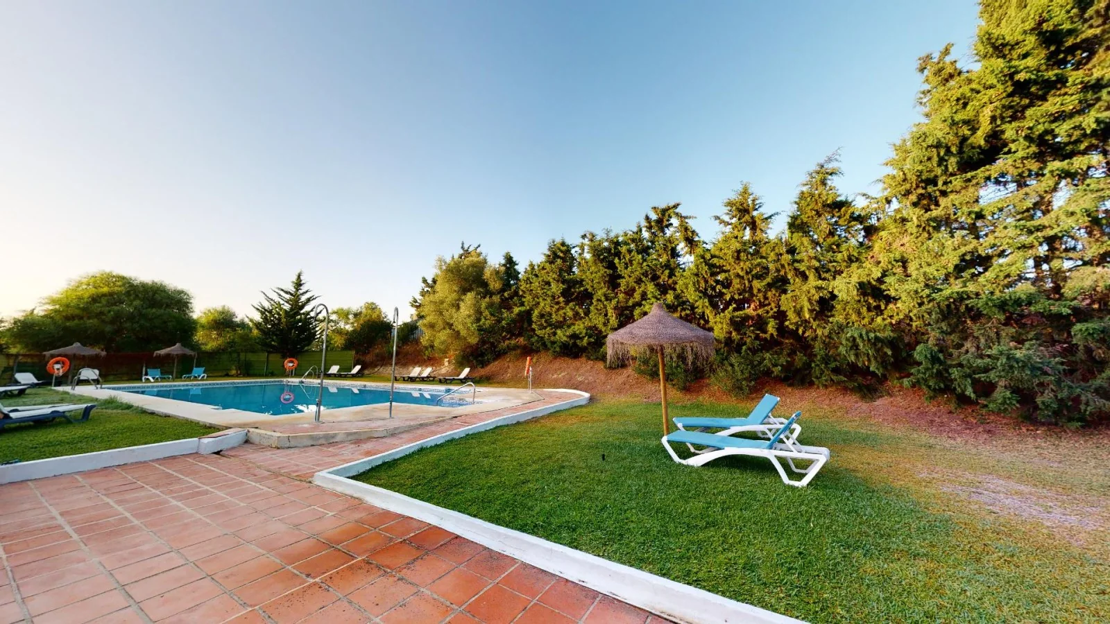 Piscina exterior y zona de descanso entre pinos · El Palomar de la Breña