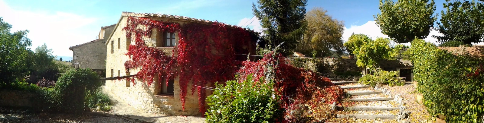 Vista panorámica exterior de Torre Gargallo, con vegetación y escalinata. · Casa Rural Torre Gargallo