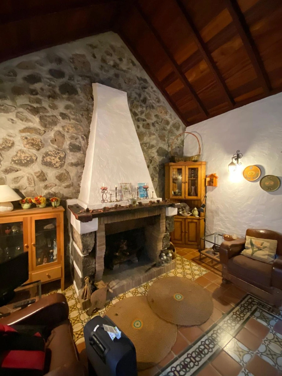 Salón con chimenea de piedra y techo de madera. · Casa Rural Casa & Monte