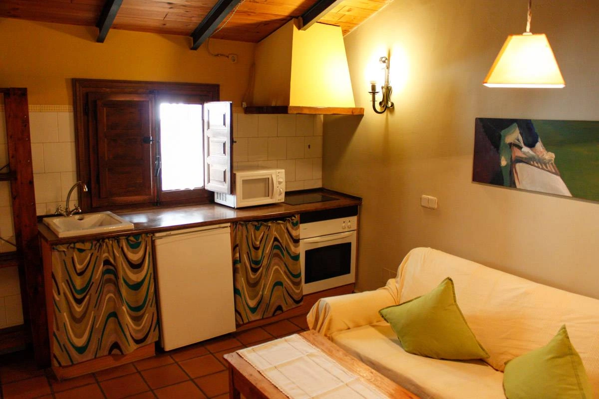 Cocina y zona de estar de Casa Andrea bajo techo de madera inclinado · Casa Andrea