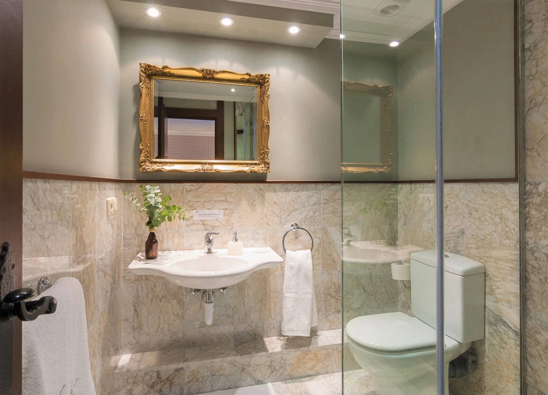 Baño privado con ducha y mampara; habitación exacta sin identificar. · Jesuskoa