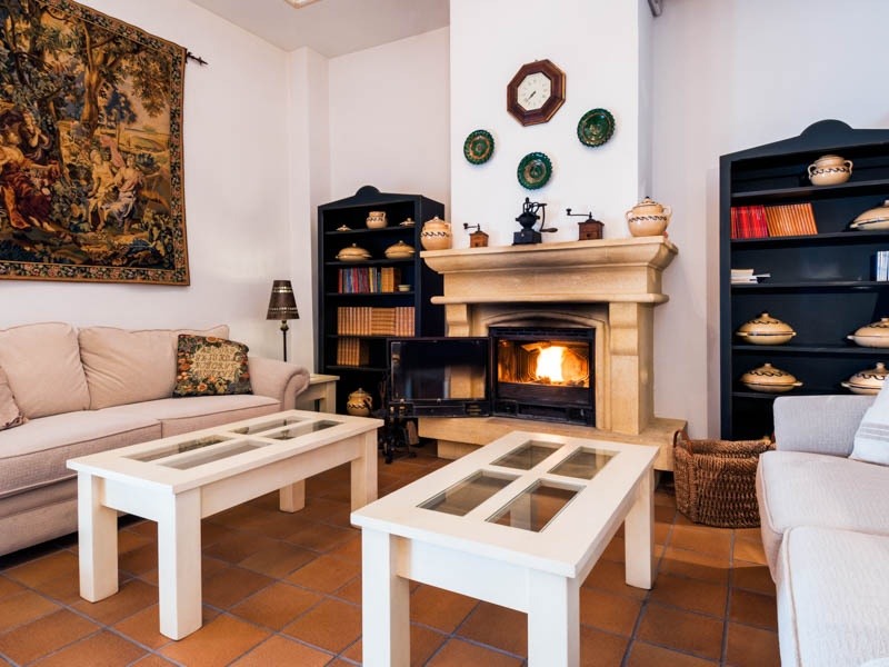 Zona de estar del Palacio Las Manillas con chimenea