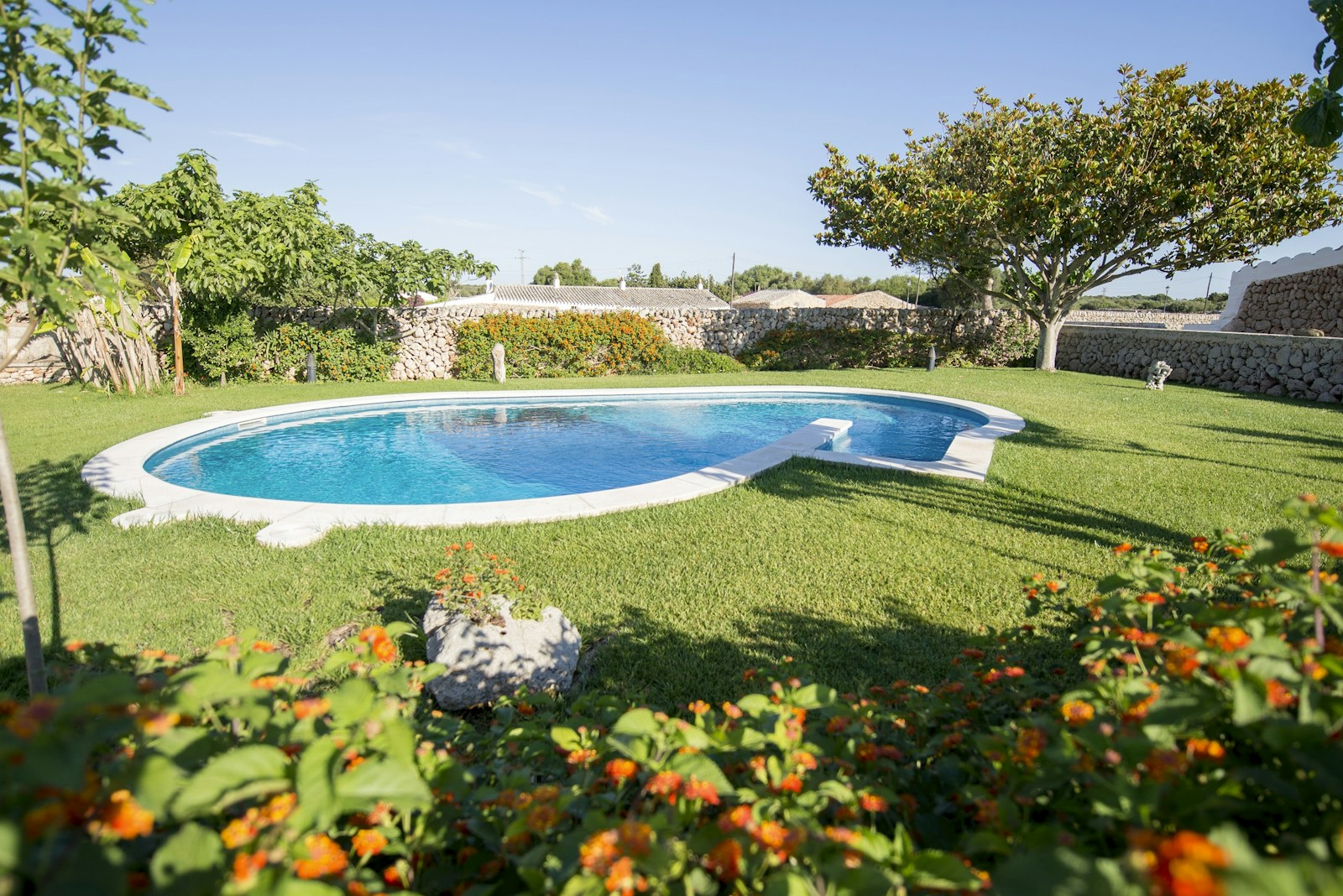 Piscina rodeada de jardín