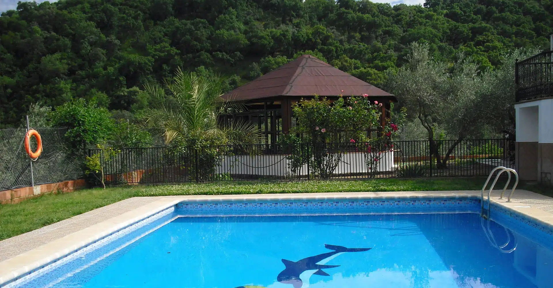 Piscina exterior y pabellón cubierto de Casas Rurales La Colina, en Las Navas de la Concepción